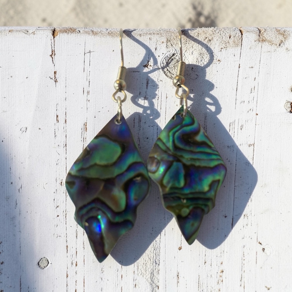 Abalone Shell Diamond Drop Earrings - Iridescent Green Blue